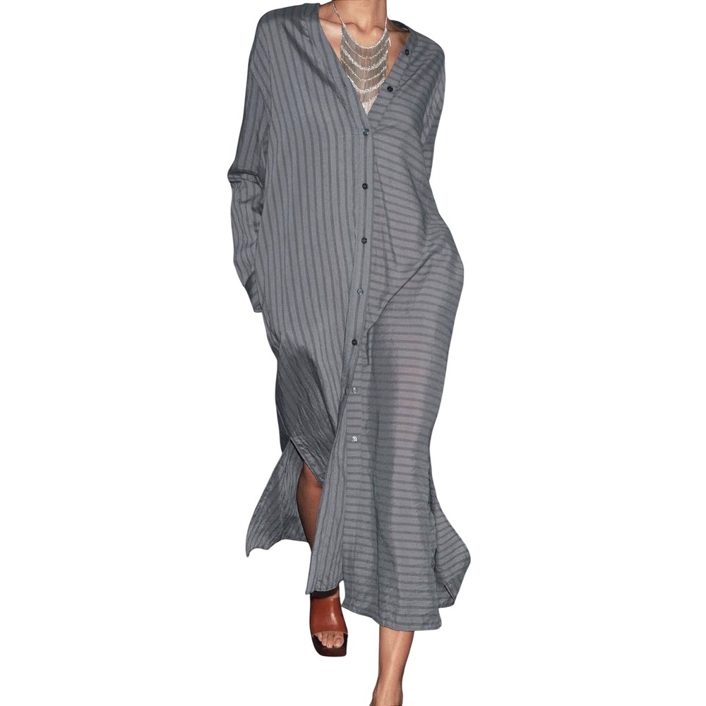 Zara Womens Grey Striped Longline Button Down‎ Shirt Dress Large Mixed Stripe